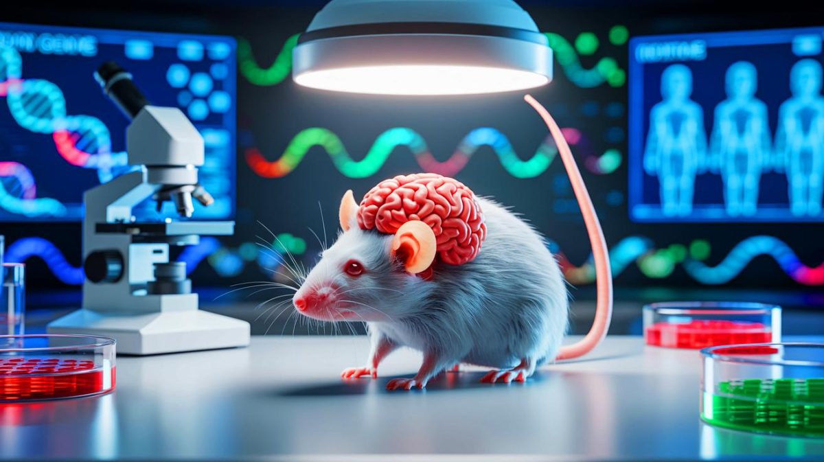 Illustration de l'impact d'un fragment d'ADN humain sur le développement cérébral d'une souris. Image réalisée par IA.