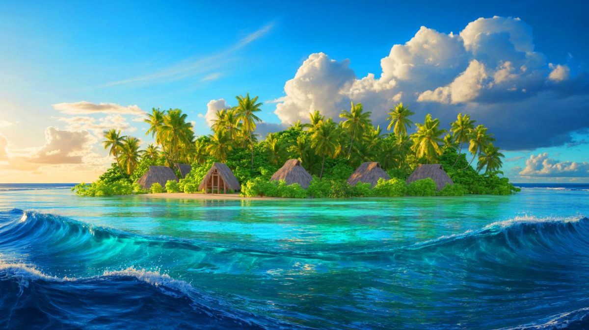 Illustration de la montée du niveau des océans menaçant les îles Tuvalu. Image réalisée par IA.