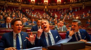 Illustration de l'Assemblée nationale française débattant sur un projet de loi énergétique. Image réalisée par IA.