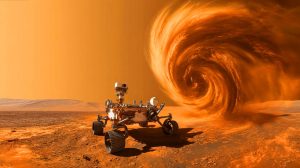 Illustration de Perseverance capturant un diable de poussière sur Mars. Image réalisée par IA.