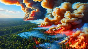 Illustration de l'impact des mégafeux canadiens sur la qualité de l'air et l'environnement. Image réalisée par IA.