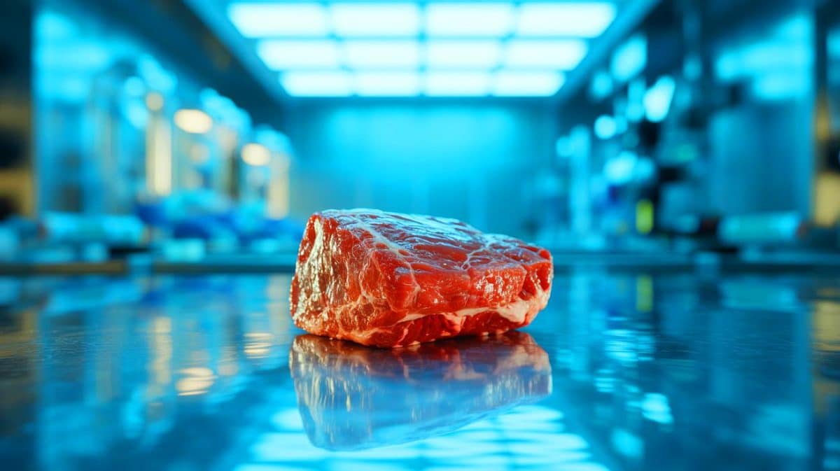 Illustration de la plus grande pièce de viande de synthèse pesant environ dix grammes. Image réalisée par IA.