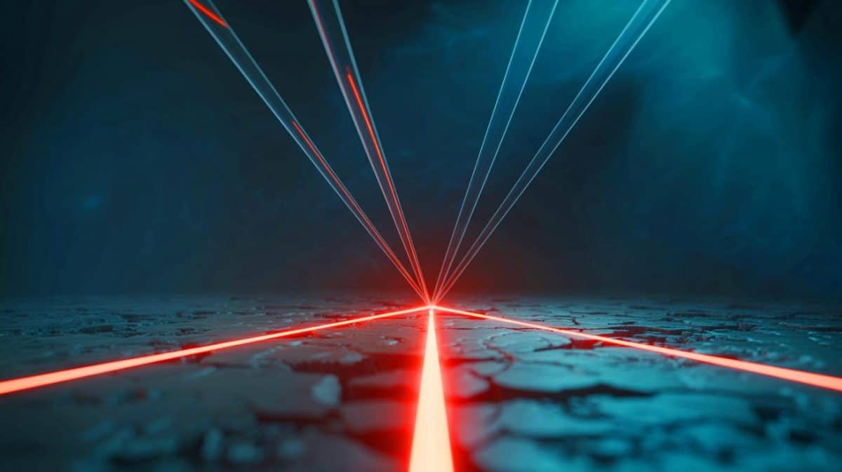 Illustration de la création d'un faisceau lumineux à partir du vide par mélange à quatre ondes. Image réalisée par IA.