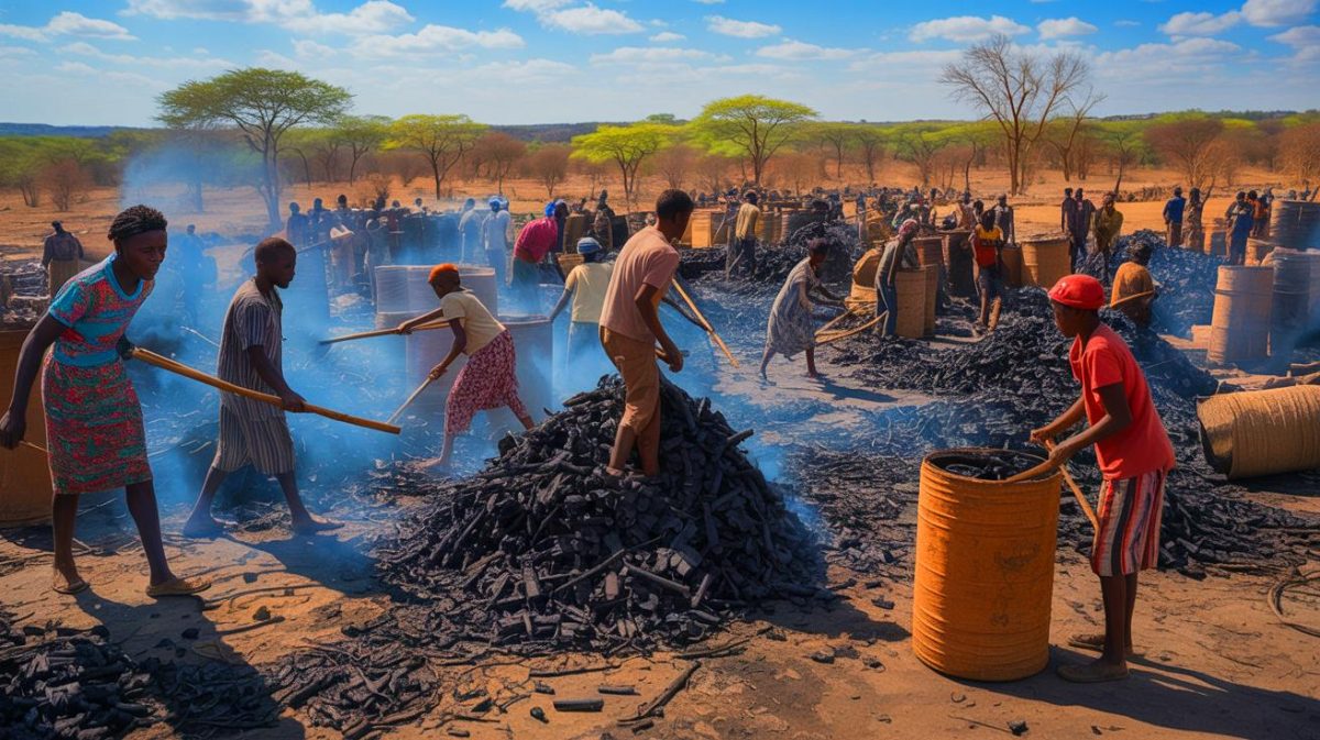 Illustration de la production de charbon écologique au Tchad pour lutter contre la déforestation. Image réalisée par IA.