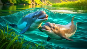 Illustration de deux marsouins aptères du Yangtsé réintroduits dans leur habitat naturel. Image réalisée par IA.
