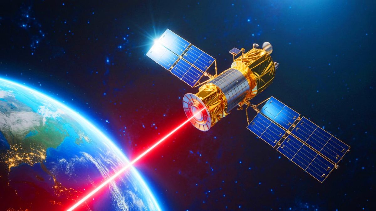 Illustration de la technologie laser avancée par satellite en orbite géostationnaire. Image réalisée par IA.