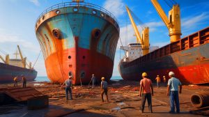 Illustration de chantiers de démantèlement de navires à Chittagong et des conditions de travail dangereuses. Image réalisée par IA.