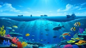 Illustration de la protection de la biodiversité marine et de la gouvernance des océans. Image réalisée par IA.