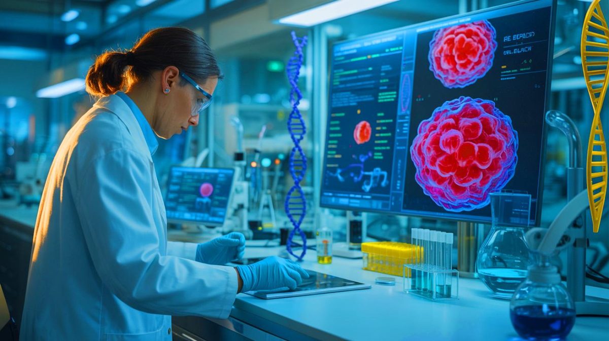 Illustration de la thérapie cellulaire CAR-T ciblant les tumeurs solides pour prolonger l'espérance de vie des patients. Image réalisée par IA.