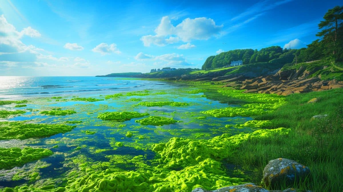 Illustration de la prolifération d'algues vertes liée à la pollution agricole. Image réalisée par IA.