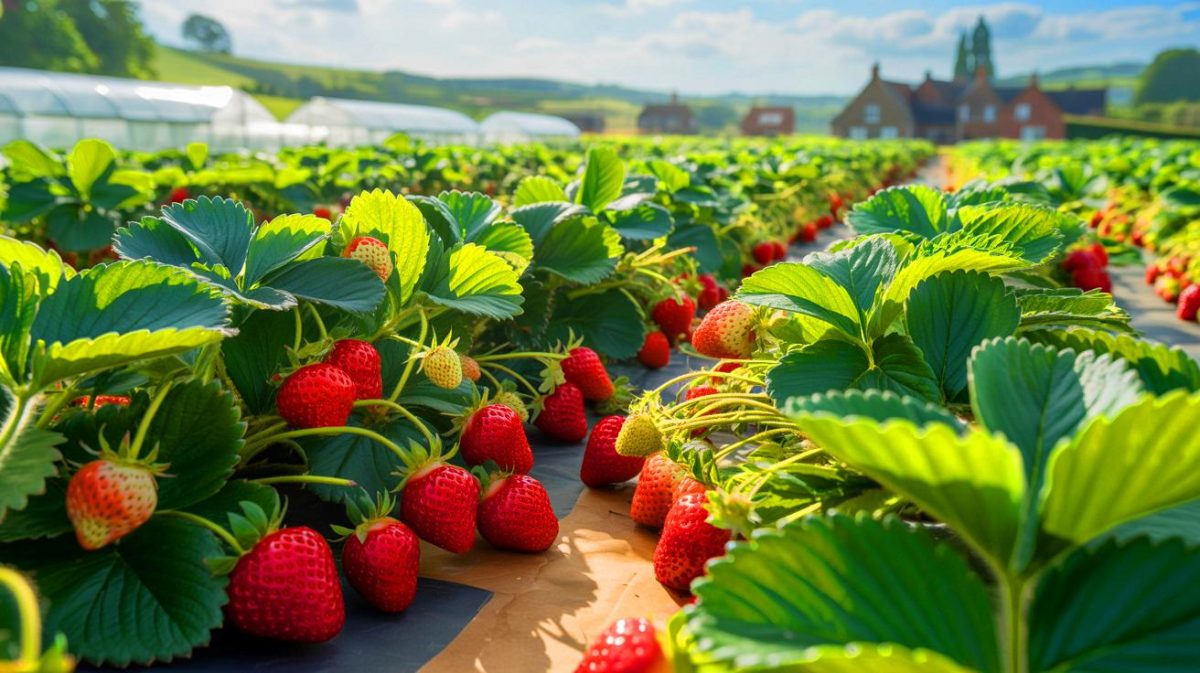 Illustration de la récolte exceptionnelle de fraises sous un ensoleillement record au Royaume-Uni. Image réalisée par IA.