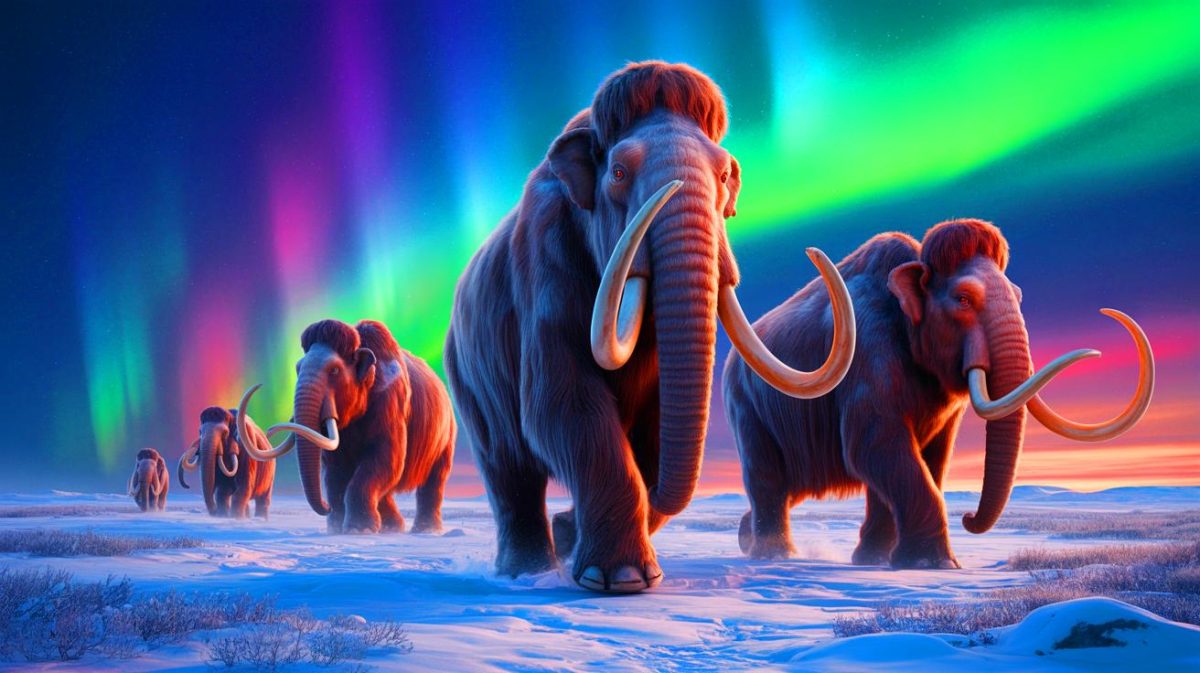 Illustration de mammouths laineux recréés grâce à la manipulation génétique. Image réalisée par IA.