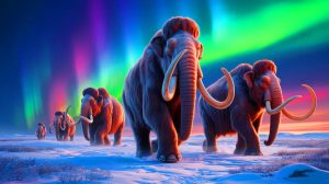 Illustration de mammouths laineux recréés grâce à la manipulation génétique. Image réalisée par IA.