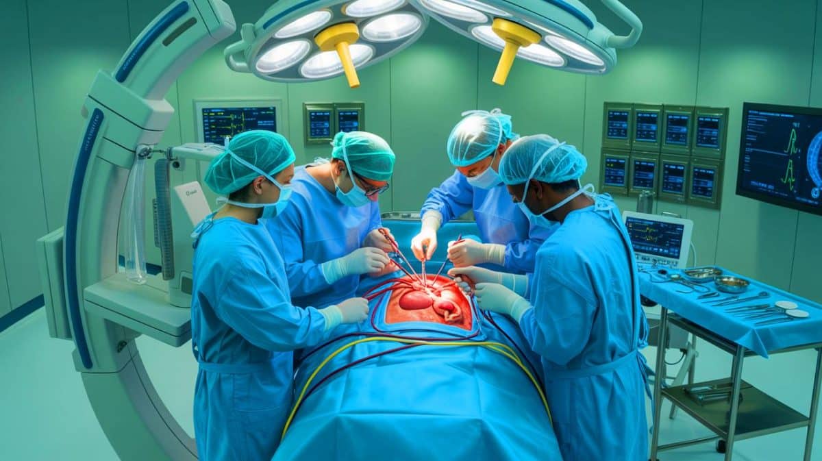 Illustration de la transplantation d'un rein de porc génétiquement modifié sur un patient humain. Image réalisée par IA.