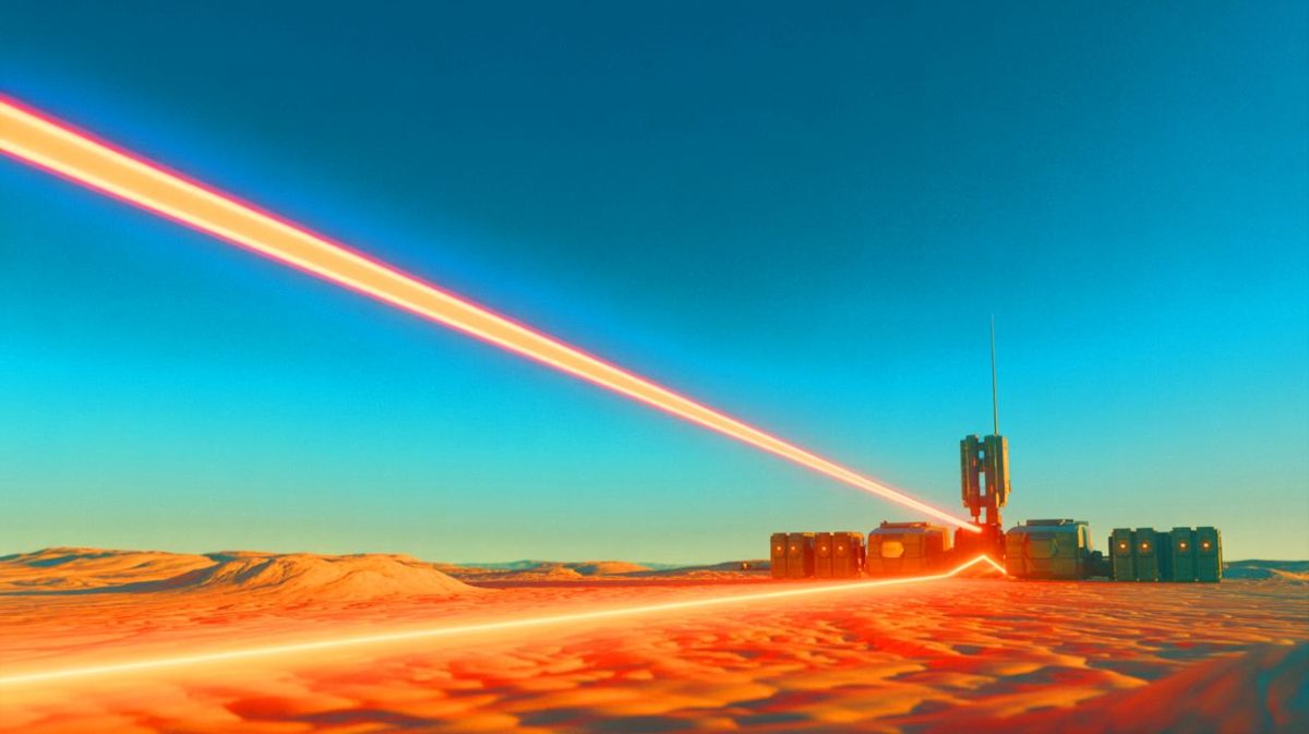 Illustration de la transmission d'énergie sans fil par un laser sur une distance de 8,6 kilomètres. Image réalisée par IA.