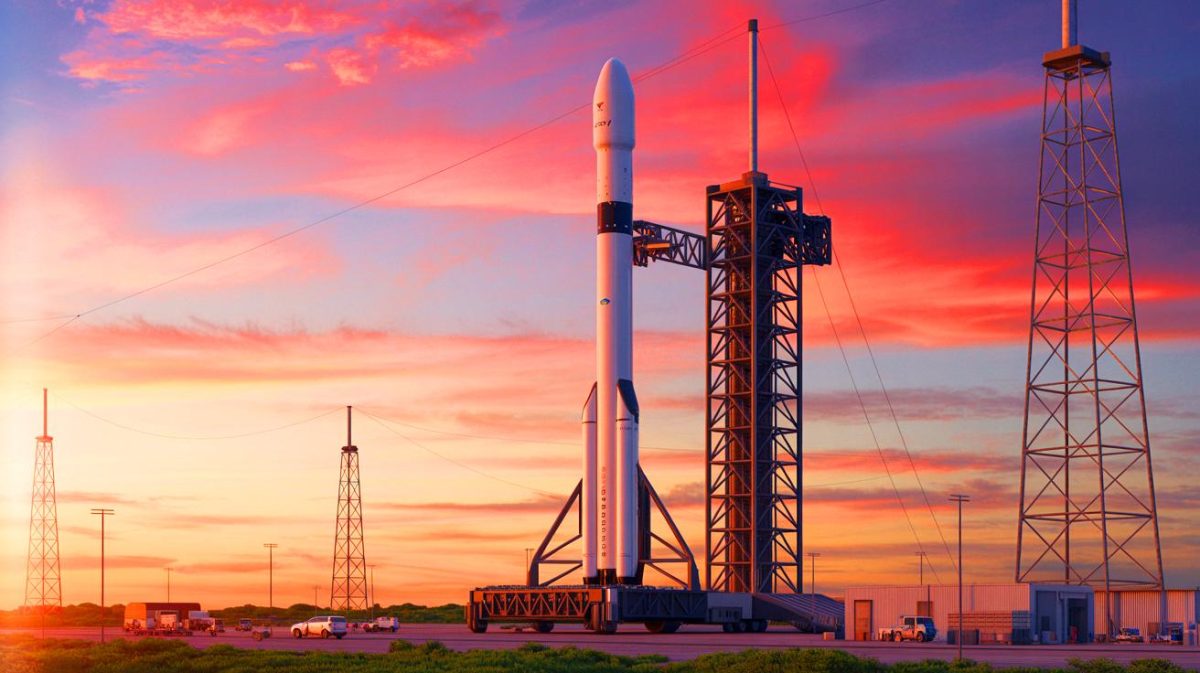 Illustration de la fusée géante Starship équipée de 42 moteurs pour des missions spatiales avancées. Image réalisée par IA.