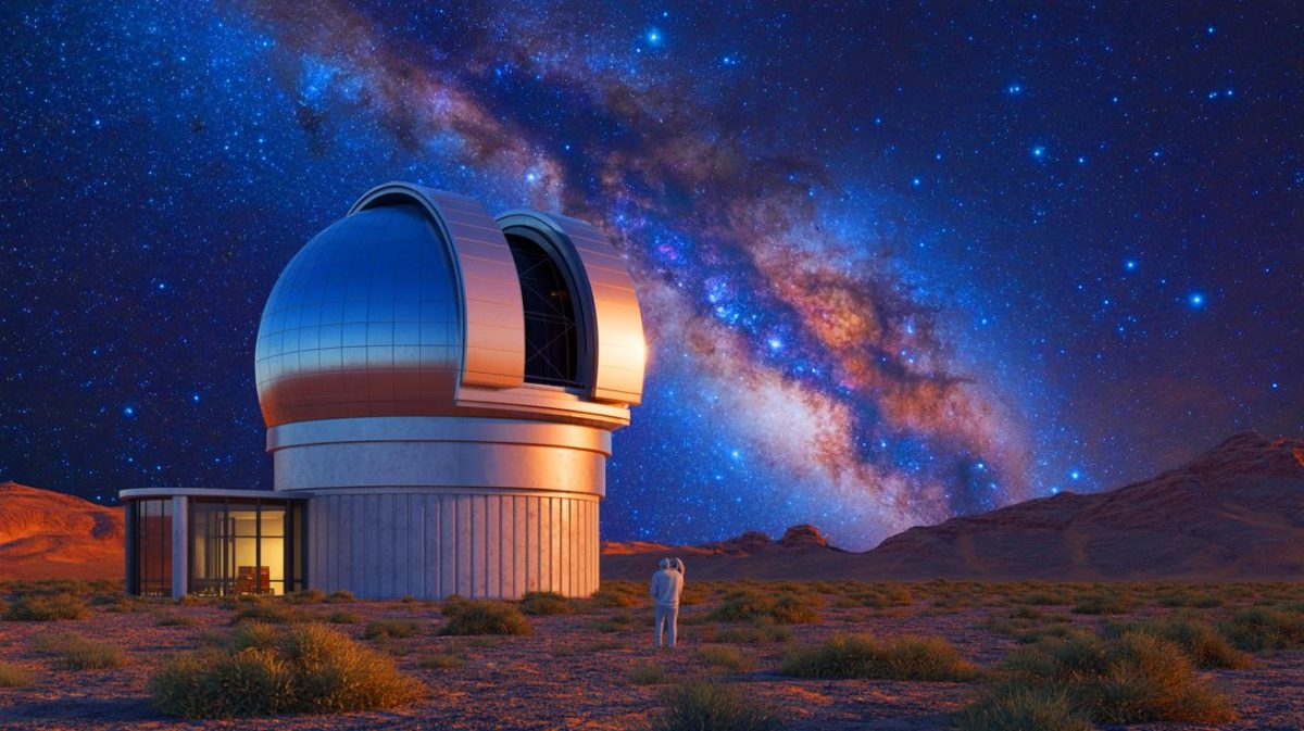Illustration de l'observatoire Vera-C Rubin capturant des images de l'univers. Image réalisée par IA.