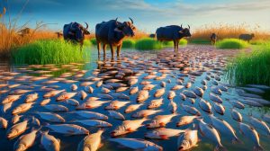 Illustration de poissons morts flottant à la surface du marais d'Ibn Najm, près de Najaf. Image réalisée par IA.