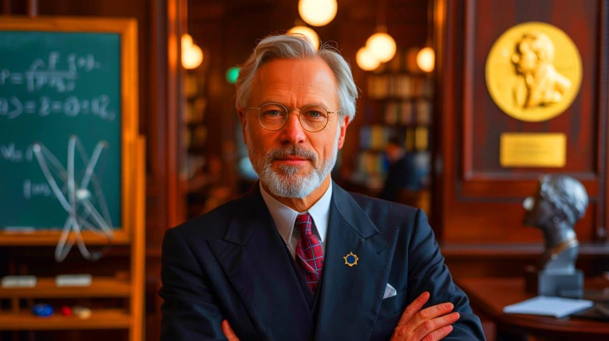 Illustration de l'élection d'Alain Aspect, prix Nobel de physique, à l'Académie française. Image réalisée par IA.
