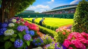 Illustration de l'entretien méticuleux des jardins de Wimbledon avant le tournoi. Image réalisée par IA.