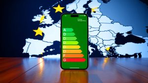Illustration de l'étiquette énergie obligatoire pour les smartphones en Europe. Image réalisée par IA.