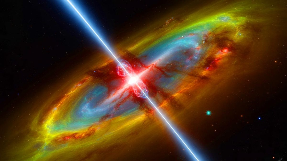 Illustration de l'impact d'un quasar sur une galaxie voisine. Image réalisée par IA.