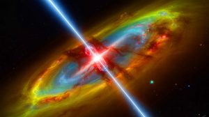 Illustration de l'impact d'un quasar sur une galaxie voisine. Image réalisée par IA.