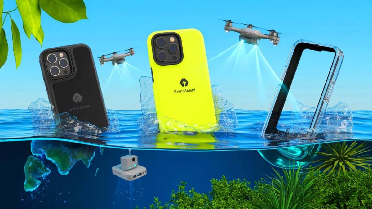 Illustration de coques de smartphone écoresponsables et recyclables par Rhinoshield. Image réalisée par IA.