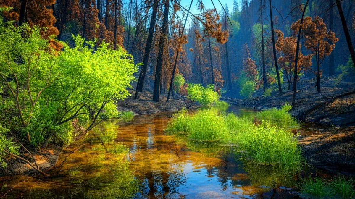 Illustration de l'impact des feux de forêt sur les cours d'eau et la qualité de l'eau. Image réalisée par IA.