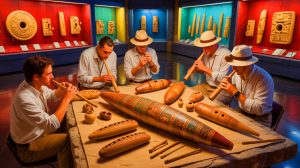 Illustration de la recréation d'instruments de musique mayas par des chercheurs. Image réalisée par IA.