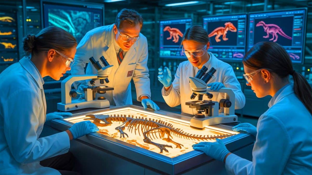 Illustration de la découverte de tissus mous fossilisés chez les dinosaures. Image réalisée par IA.
