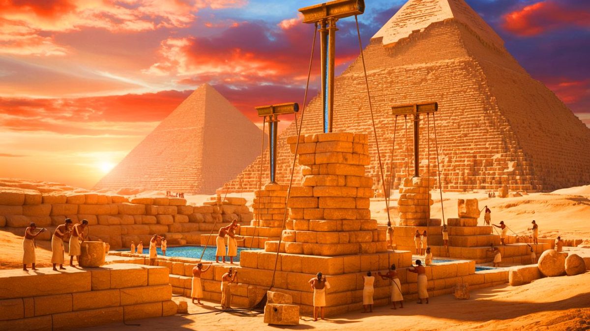 Illustration de l'hypothèse d'une technologie hydraulique sophistiquée utilisée pour la construction des pyramides de Gizeh. Image réalisée par IA.