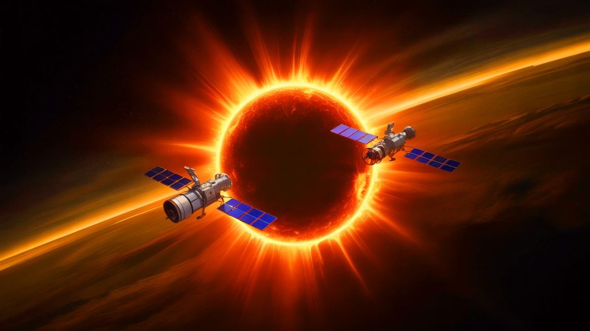 Illustration de l'observation de la couronne solaire par une éclipse artificielle créée par deux satellites européens. Image réalisée par IA.