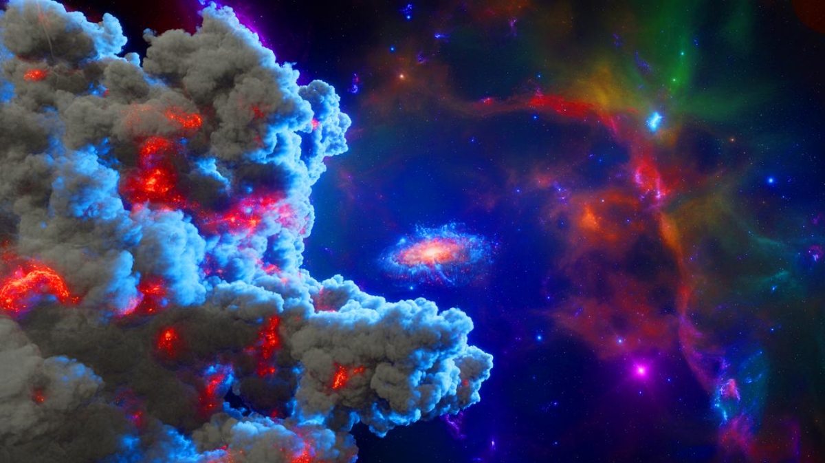 Illustration de la découverte d'un nuage de particules énergétiques entourant l'amas galactique PLCK G287.0+32.9. Image réalisée par IA.
