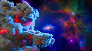 Illustration de la découverte d'un nuage de particules énergétiques entourant l'amas galactique PLCK G287.0+32.9. Image réalisée par IA.