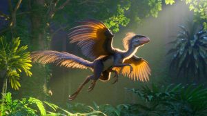 Illustration de l'archéoptéryx, chaînon clé entre dinosaures et oiseaux modernes. Image réalisée par IA.