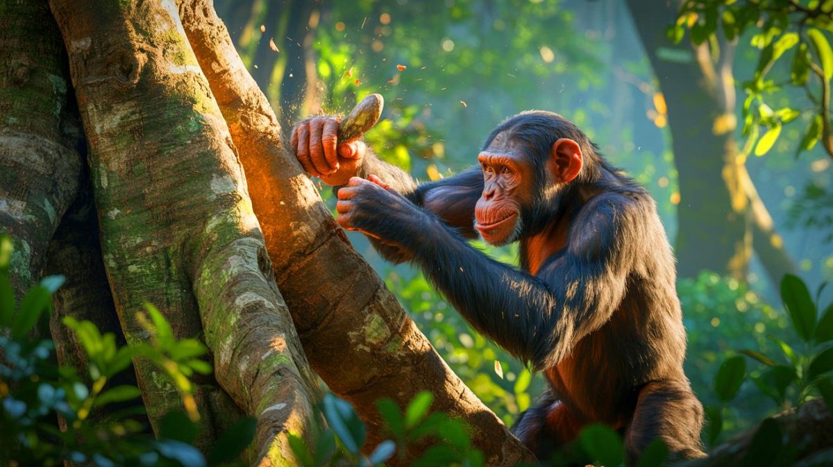 Une découverte fascinante : des chimpanzés transforment la forêt en un orchestre de percussion dans une scène époustouflante capturée par des chercheurs experts Illustration de chimpanzés utilisant des pierres pour frapper des troncs d'arbres dans une forêt. Image réalisée par IA.