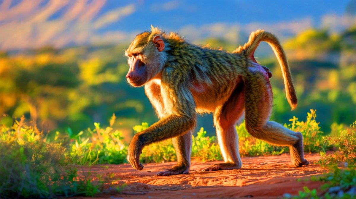 Illustration de la marche bipède des babouins et son lien avec l'évolution humaine. Image réalisée par IA.