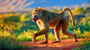 Illustration de la marche bipède des babouins et son lien avec l'évolution humaine. Image réalisée par IA.