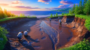 Illustration de la découverte d'une trace ancienne de tsunami sur l'île d'Hokkaido. Image réalisée par IA.
