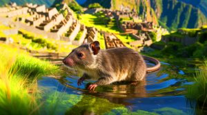 Illustration de la découverte d'une nouvelle espèce de rongeur semi-aquatique au Machu Picchu. Image réalisée par IA.