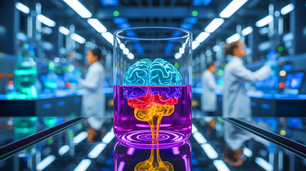 Illustration de la synapse artificielle fonctionnant dans un environnement liquide. Image réalisée par IA.