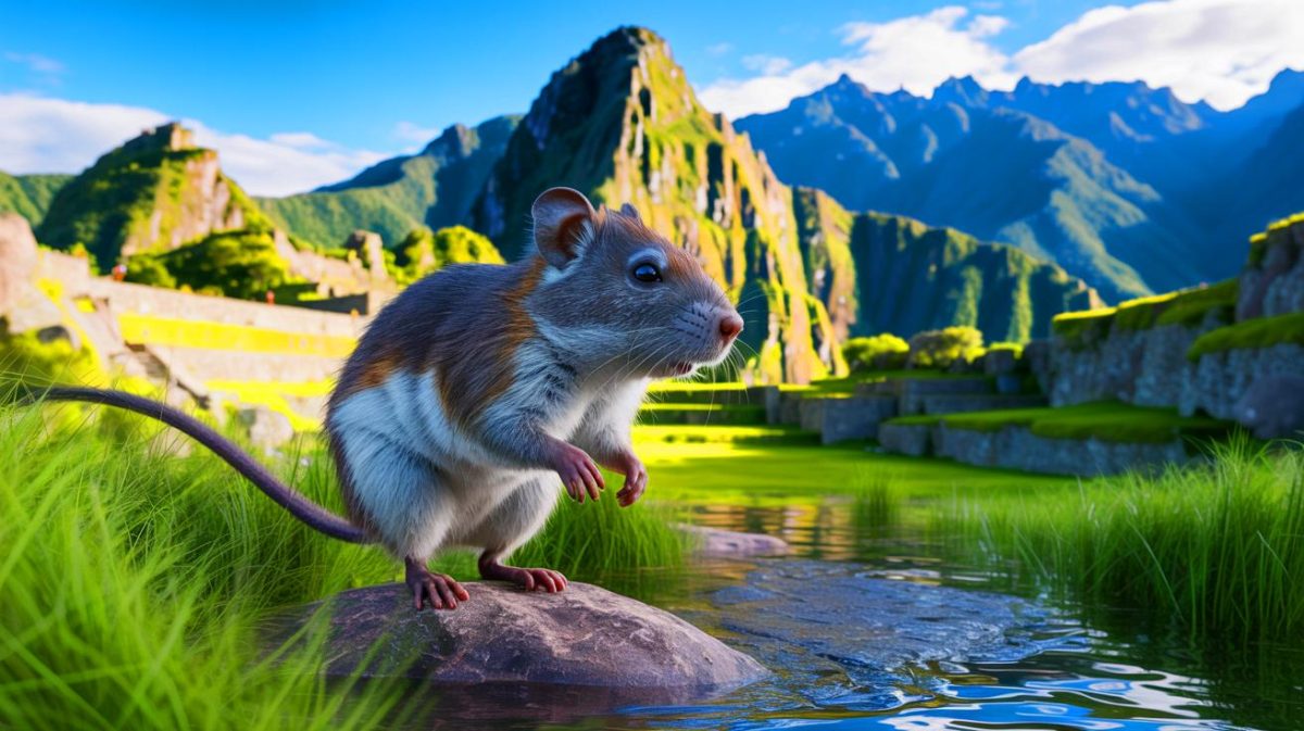 Illustration de la découverte d'une nouvelle espèce de rongeur semi-aquatique au Machu Picchu. Image réalisée par IA.