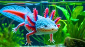 Illustration de l'axolotl et des peptides antimicrobiens présents dans son mucus. Image réalisée par IA.