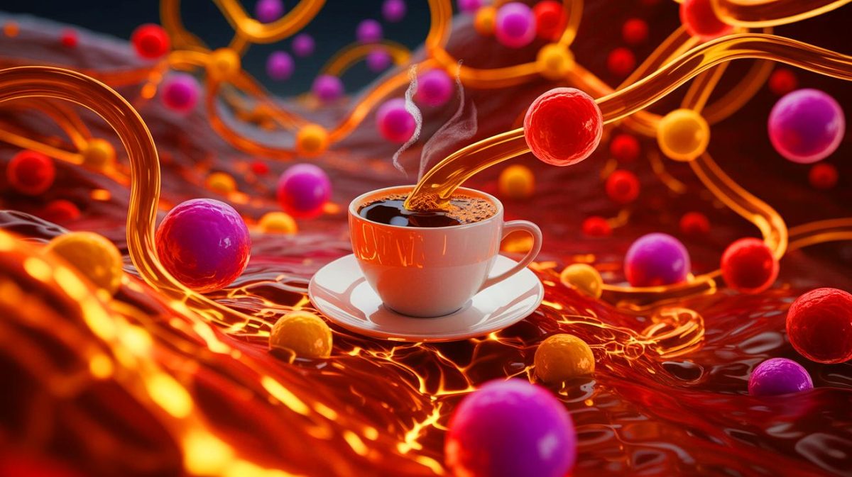 Illustration de l'activation des mécanismes cellulaires par la caféine et ses effets sur la santé. Image réalisée par IA.