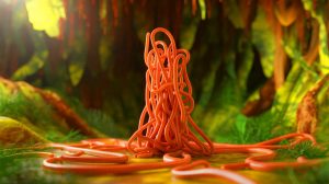 Illustration de nématodes formant un superorganisme en réponse à des environnements hostiles. Image réalisée par IA.