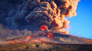 Illustration de l'éruption de l'Etna projetant des cendres et de la fumée. Image réalisée par IA.