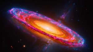 Illustration de la galaxie du Sculpteur capturée en milliers de couleurs. Image réalisée par IA.