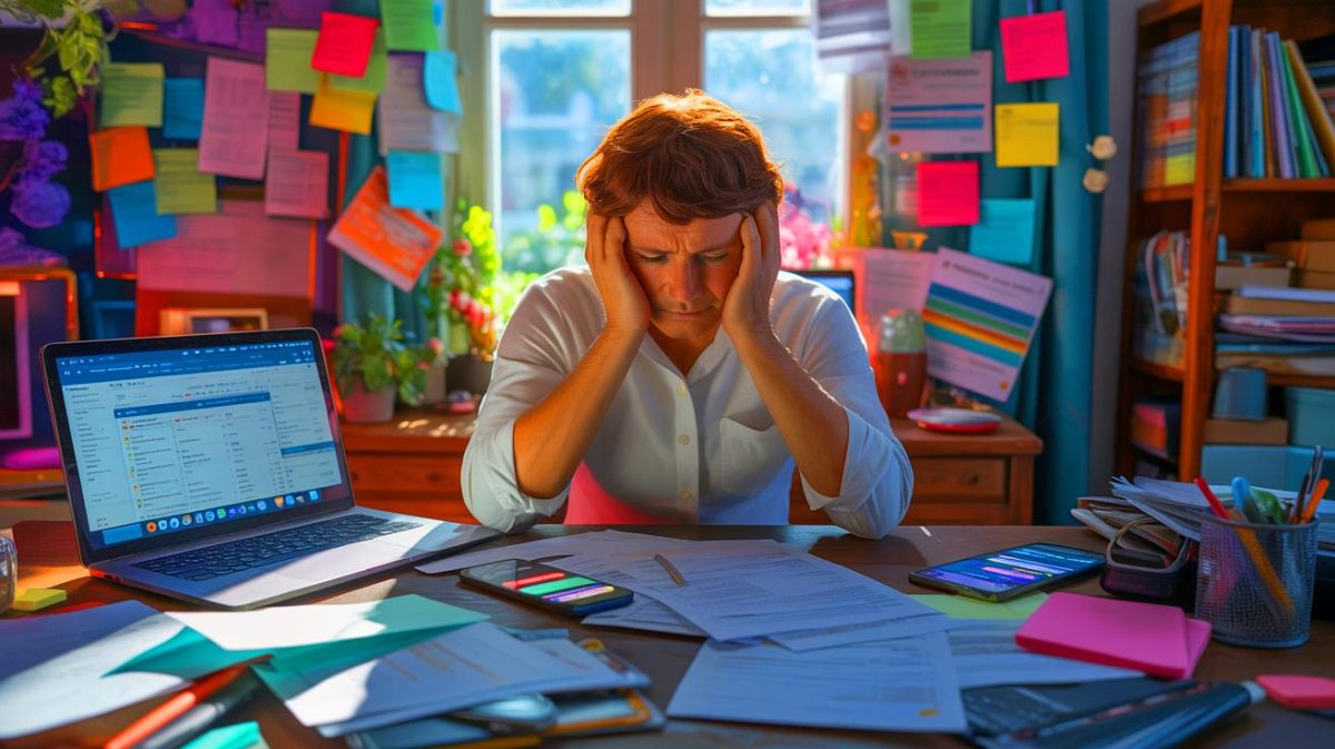 Illustration de la lutte des auto-entrepreneurs contre le burn-out. Image réalisée par IA.