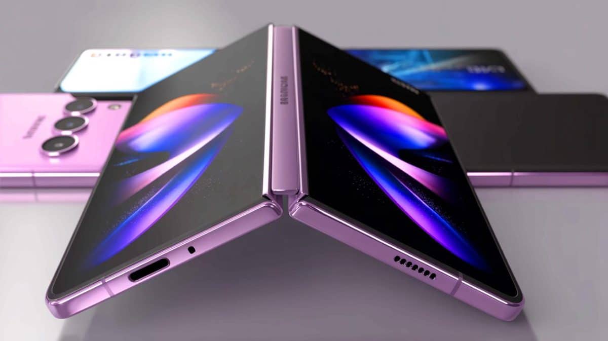 Illustration de la présentation des nouveaux smartphones pliables Galaxy de Samsung lors de l'événement Galaxy Unpacked. Image réalisée par IA.